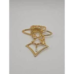 Vintage JJ Jonette Brooch Woman in Hat with Dangling Pearl | Art Deco Gold Tone